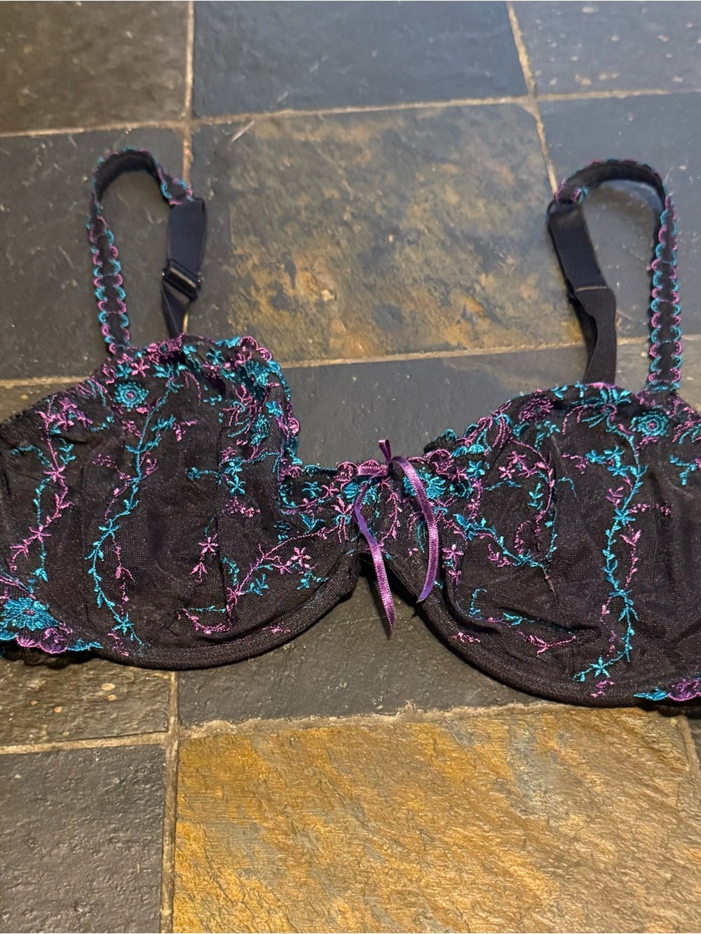 Victoria's Secret Black Lace Bra with Teal & Purple Embroidery